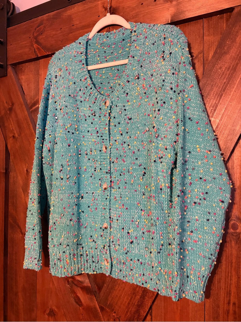 Turquoise Multi-Confetti Button-Up Knit Cardigan Sweater